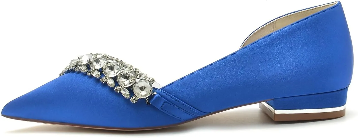 Women's Satin Pumps Closed Toe Flats with Rhinestone Wedding Comfort Low Heel Evening Dress Work Sandals