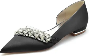 Women's Satin Pumps Closed Toe Flats with Rhinestone Wedding Comfort Low Heel Evening Dress Work Sandals