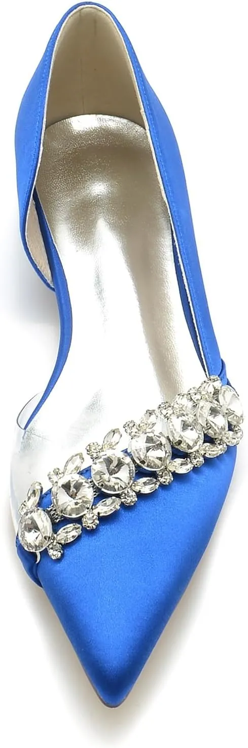 Women's Satin Pumps Closed Toe Flats with Rhinestone Wedding Comfort Low Heel Evening Dress Work Sandals