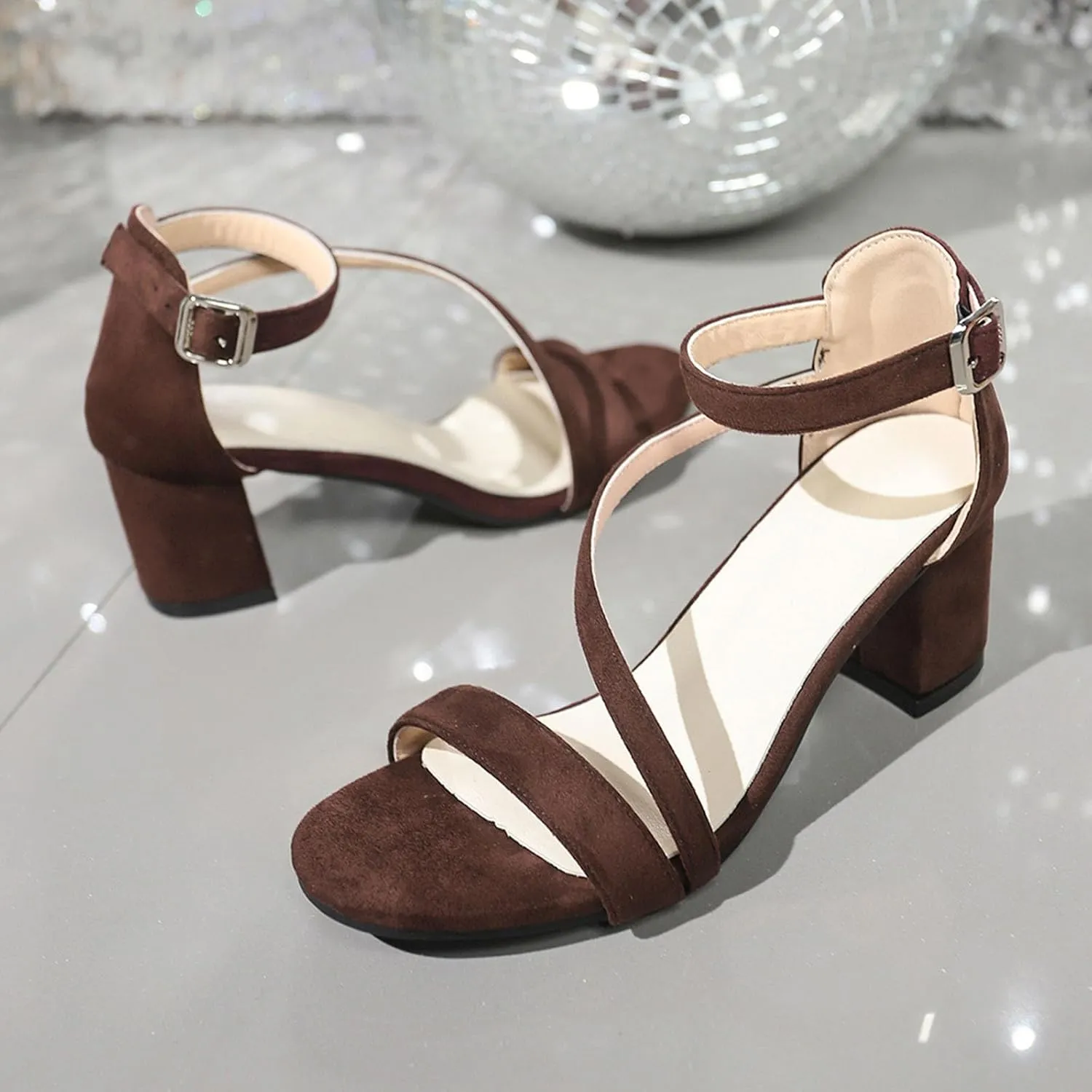 Womens Strappy Heeled Sandals Classic Chunky Block Open Toe Ankle Buckle Heels Comfortable Wedding Party Dress Shoes