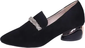 Women's Suede Rhinestone Single Shoes Chunky Heel Pointed Toe Shoes Casual Slip on Loafers Banquet Dressy Shoes