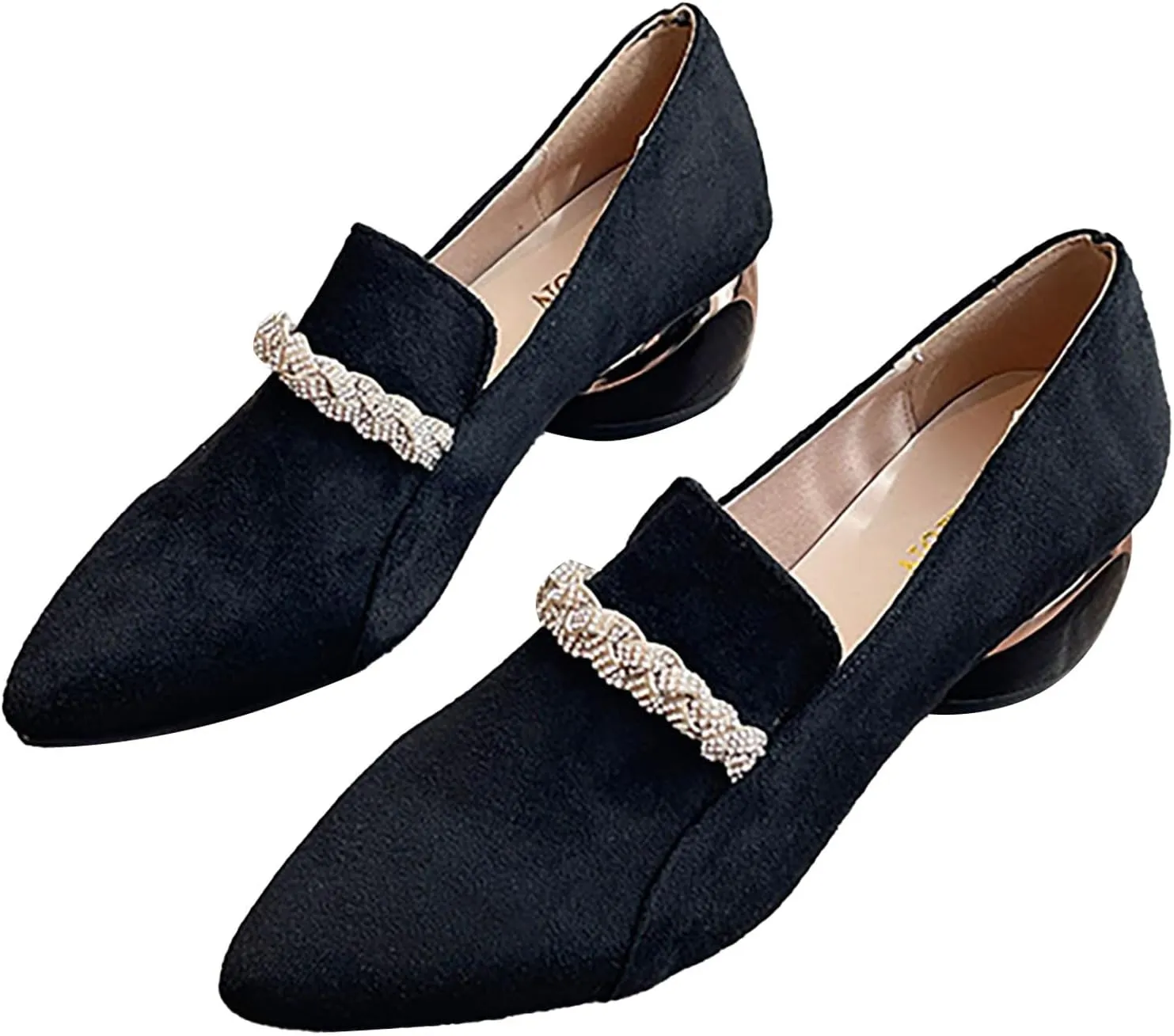 Women's Suede Rhinestone Single Shoes Chunky Heel Pointed Toe Shoes Casual Slip on Loafers Banquet Dressy Shoes
