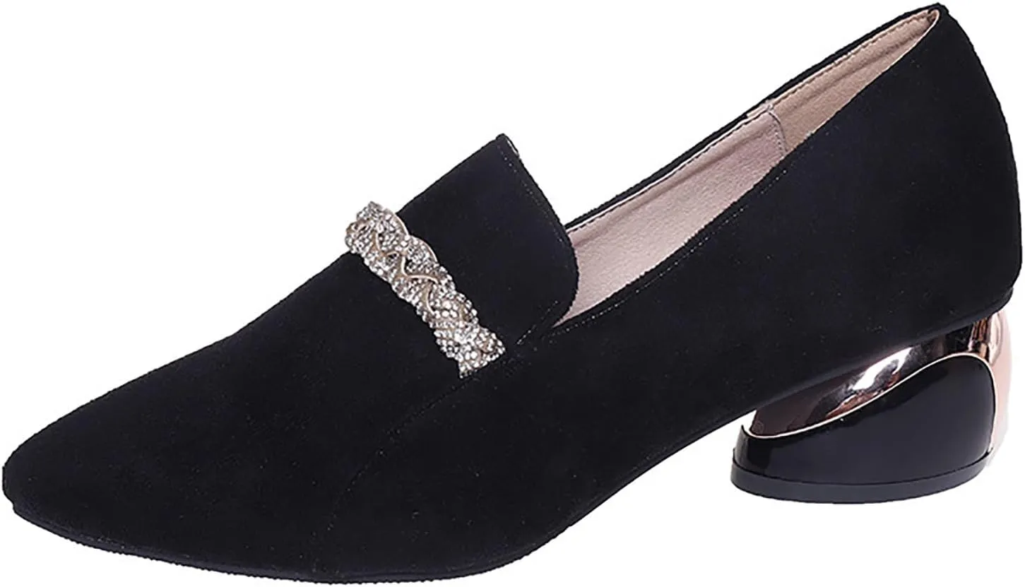 Women's Suede Rhinestone Single Shoes Chunky Heel Pointed Toe Shoes Casual Slip on Loafers Banquet Dressy Shoes