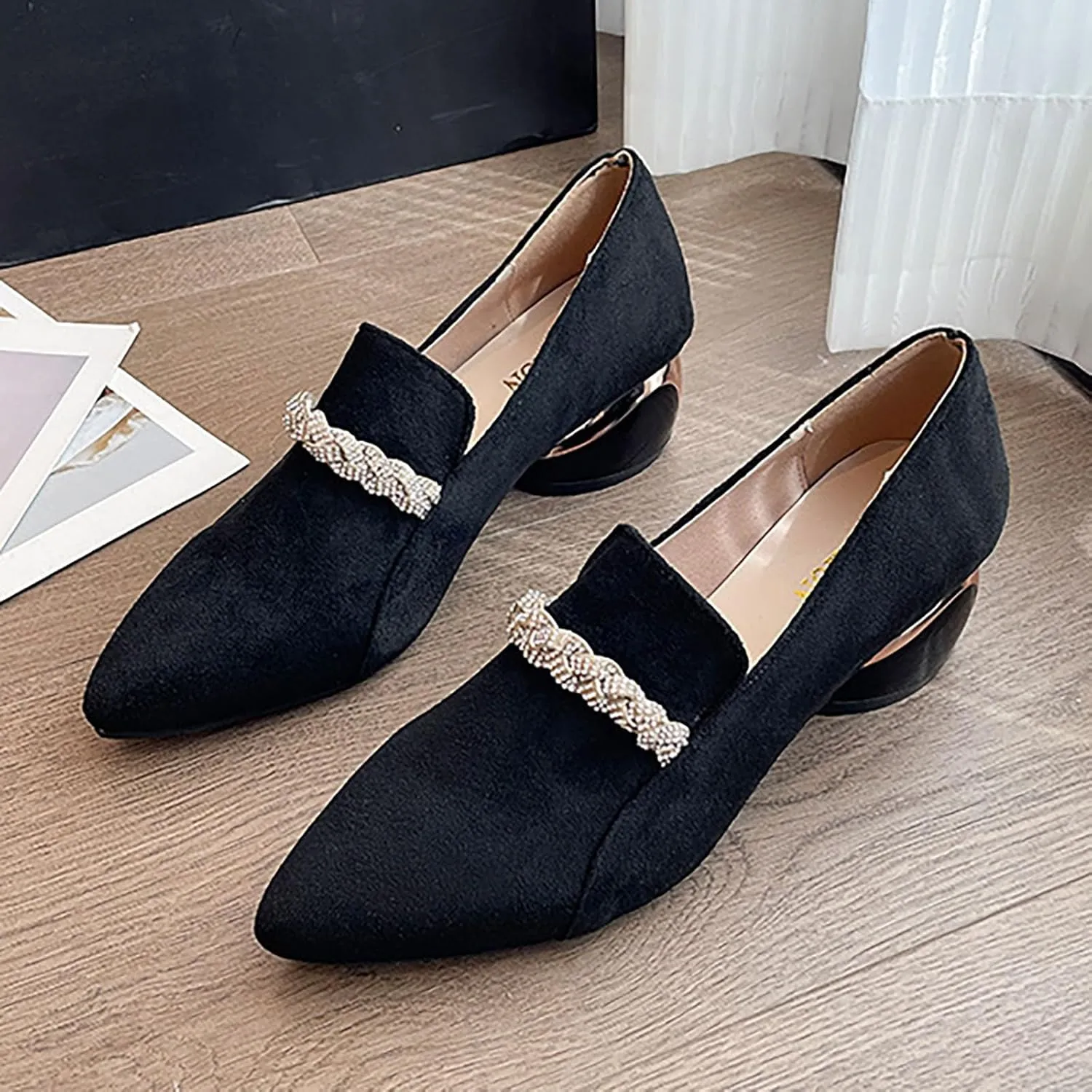 Women's Suede Rhinestone Single Shoes Chunky Heel Pointed Toe Shoes Casual Slip on Loafers Banquet Dressy Shoes