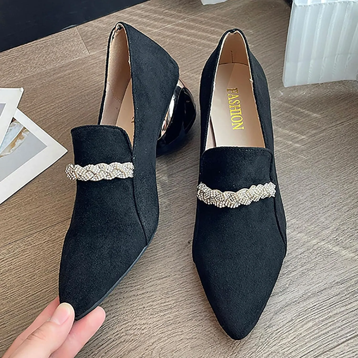 Women's Suede Rhinestone Single Shoes Chunky Heel Pointed Toe Shoes Casual Slip on Loafers Banquet Dressy Shoes