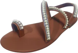ZSpzx Summer Sandals For Women 2025,Womens Flat Sandals,Ring Toe Rhinestone Dressy Pearl Strappy Beach Shoes Glitter Beaded Thong Slides Outdoor Boho Sexy Cute Wedding Shoe for Oceanside Holiday