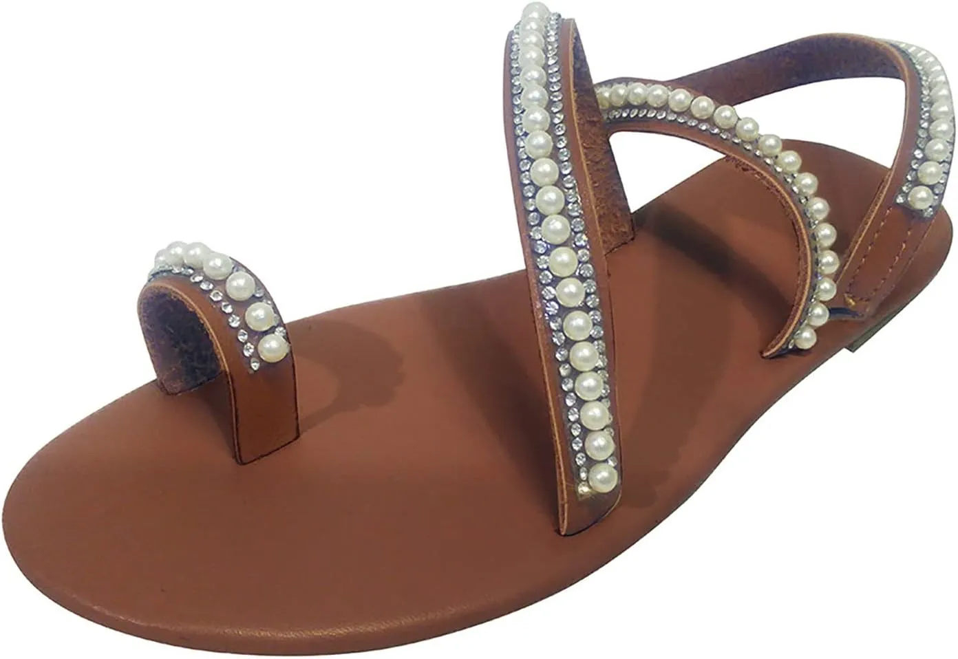 ZSpzx Summer Sandals For Women 2025,Womens Flat Sandals,Ring Toe Rhinestone Dressy Pearl Strappy Beach Shoes Glitter Beaded Thong Slides Outdoor Boho Sexy Cute Wedding Shoe for Oceanside Holiday