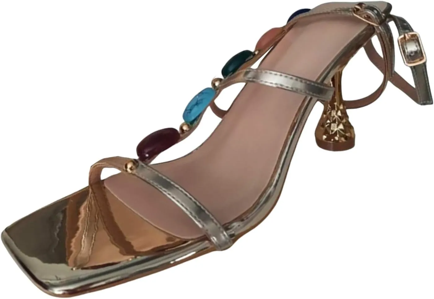 ZSpzx Summer Sandals For Women 2025,Women's Square Open Toe Sandals Beaded T-strap Stiletto Heels Womens Ankle Strap Sandal Slip on Casual Dress Sexy Shoes for Party,Wedding,and Vacation
