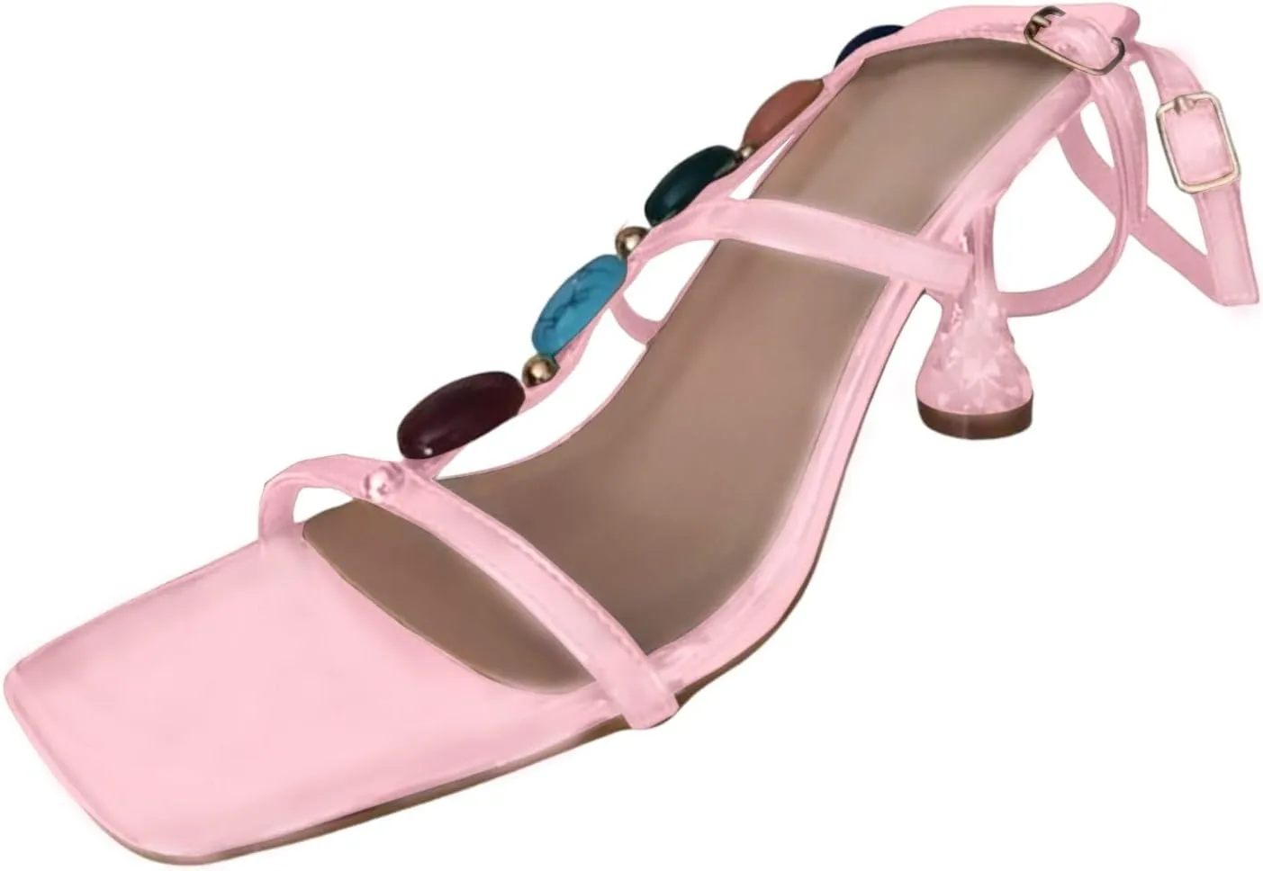 ZSpzx Summer Sandals For Women 2025,Women's Square Open Toe Sandals Beaded T-strap Stiletto Heels Womens Ankle Strap Sandal Slip on Casual Dress Sexy Shoes for Party,Wedding,and Vacation