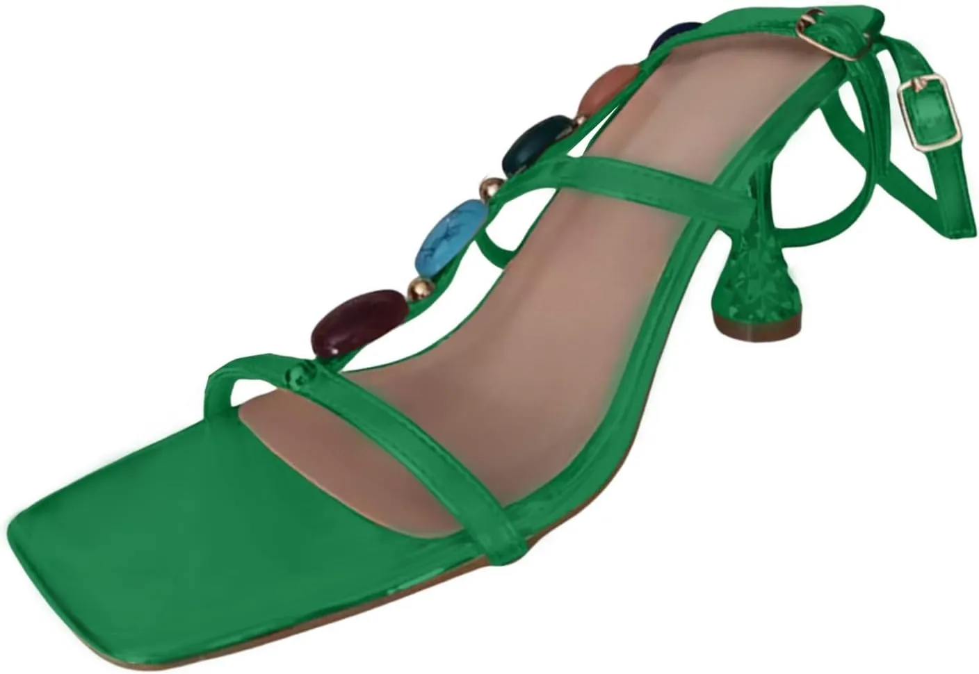 ZSpzx Summer Sandals For Women 2025,Women's Square Open Toe Sandals Beaded T-strap Stiletto Heels Womens Ankle Strap Sandal Slip on Casual Dress Sexy Shoes for Party,Wedding,and Vacation
