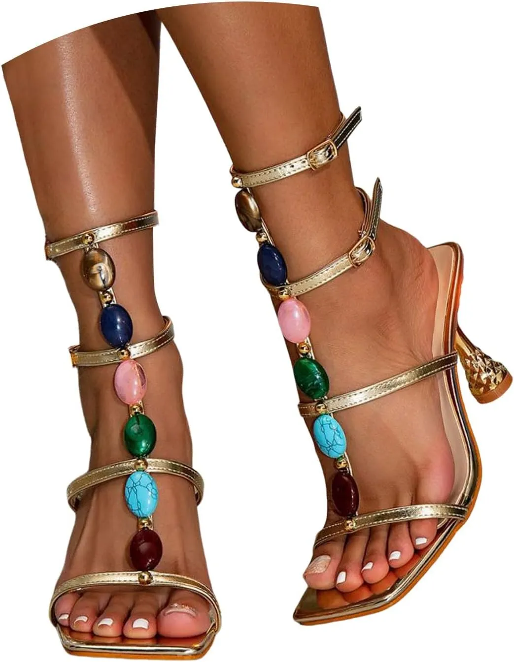 ZSpzx Summer Sandals For Women 2025,Women's Square Open Toe Sandals Beaded T-strap Stiletto Heels Womens Ankle Strap Sandal Slip on Casual Dress Sexy Shoes for Party,Wedding,and Vacation