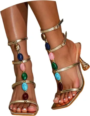 ZSpzx Summer Sandals For Women 2025,Women's Square Open Toe Sandals Beaded T-strap Stiletto Heels Womens Ankle Strap Sandal Slip on Casual Dress Sexy Shoes for Party,Wedding,and Vacation